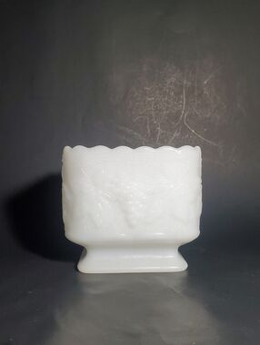 Vintage Anchor Hocking Milk Glass Harvest Grape Square Footed Trinket Bowl Vase